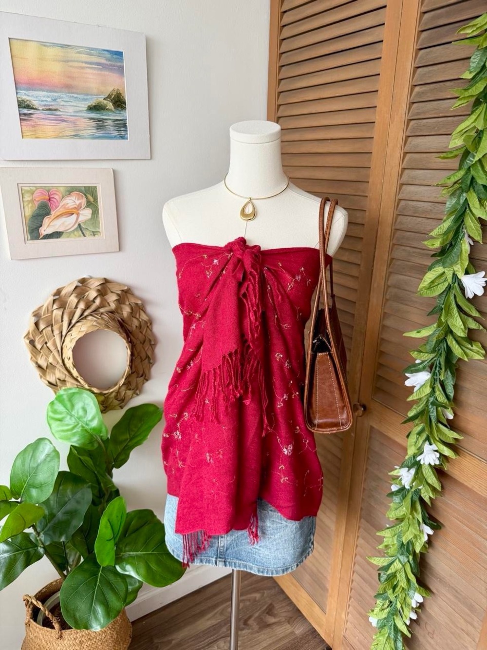 floral embroidered red scarf